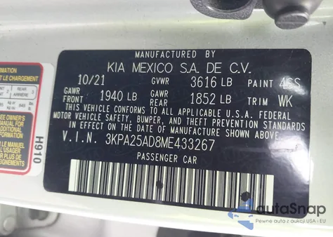 2021 Kia Rio 5-Door S z USA, uszkodzony, nr VIN 3KPA25AD8ME433267